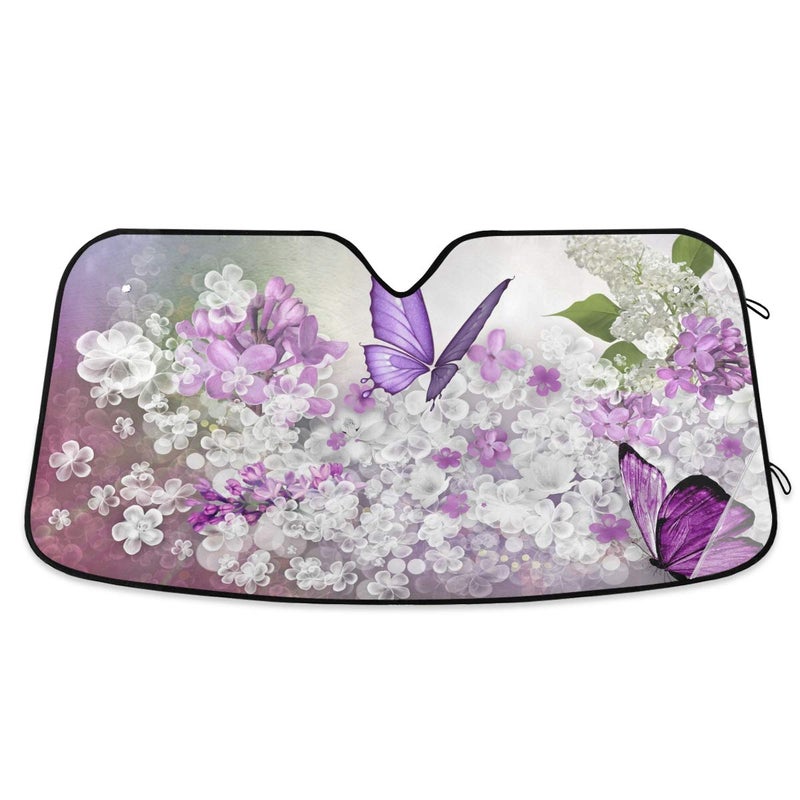 senya Car Windshield Sunshade Butterflies Flowers Purple Pattern, Blocks Sun Visor Protector Foldable Sun Shield Keep Your Vehicle Cool, Fits Windshields of Most Sizes - Image 1